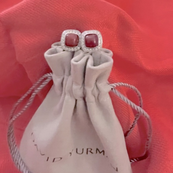 David Yurman Petite Stud Albion Red Carnelian Pave’ Diamond Earrings - Picture 5 of 8